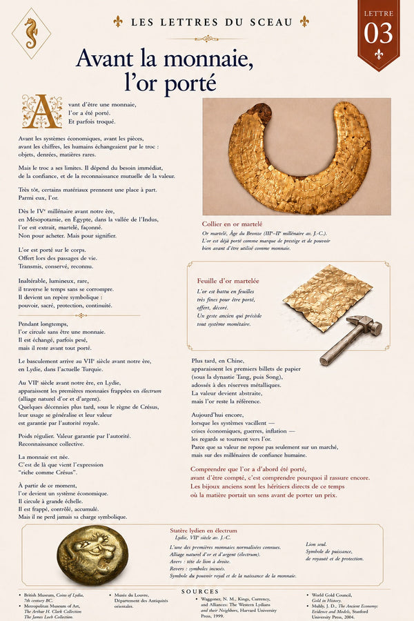 Lettre 03 Avant la monnaie, l’or porté — Les Lettres du Sceau de Maison Le Sceau d’Hippocampe