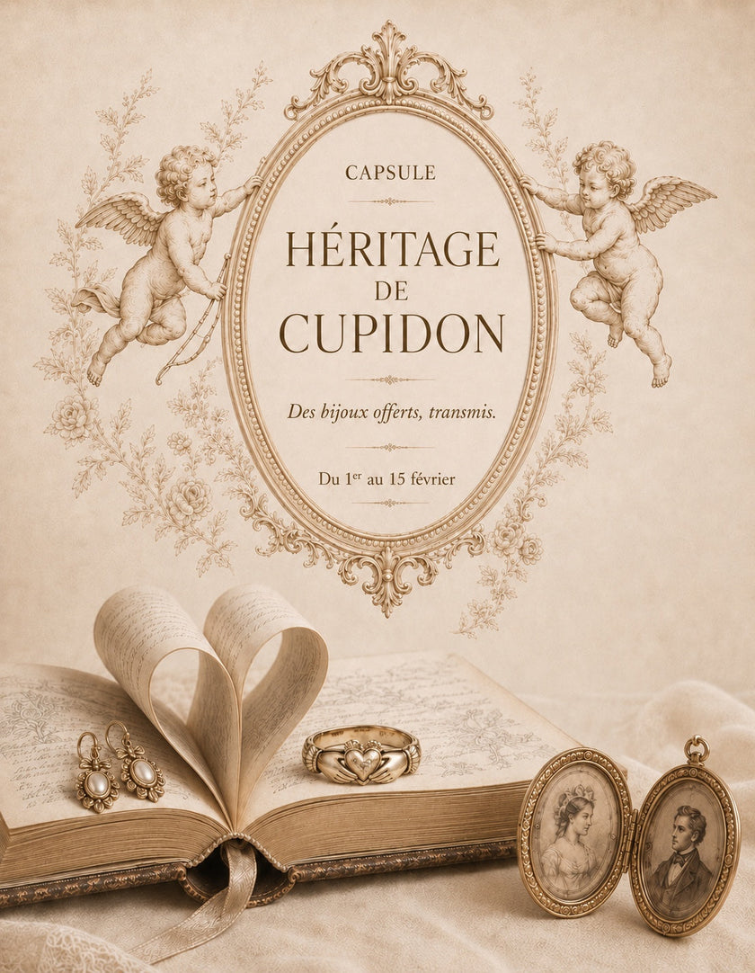 Capsule Héritage de Cupidon – bijoux anciens liés à l'amour et à la transmission, livre ouvert et médaillon de portraits, Le Sceau d'Hippocampe.