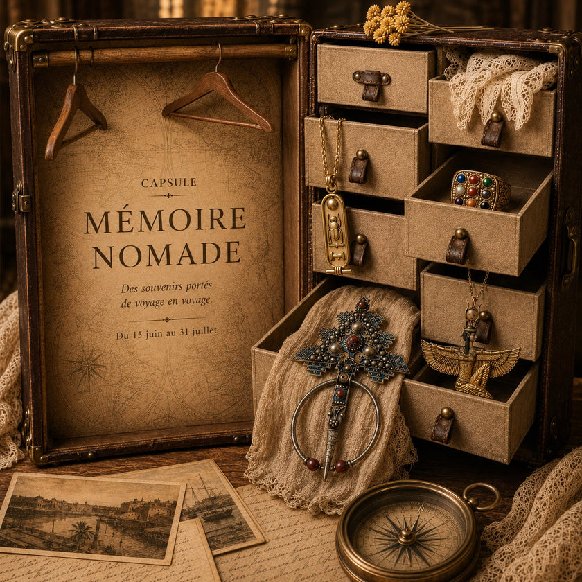 Capsule Mémoire Nomade – bijoux et souvenirs de voyage présentés dans une malle ancienne à compartiments, Le Sceau d'Hippocampe.