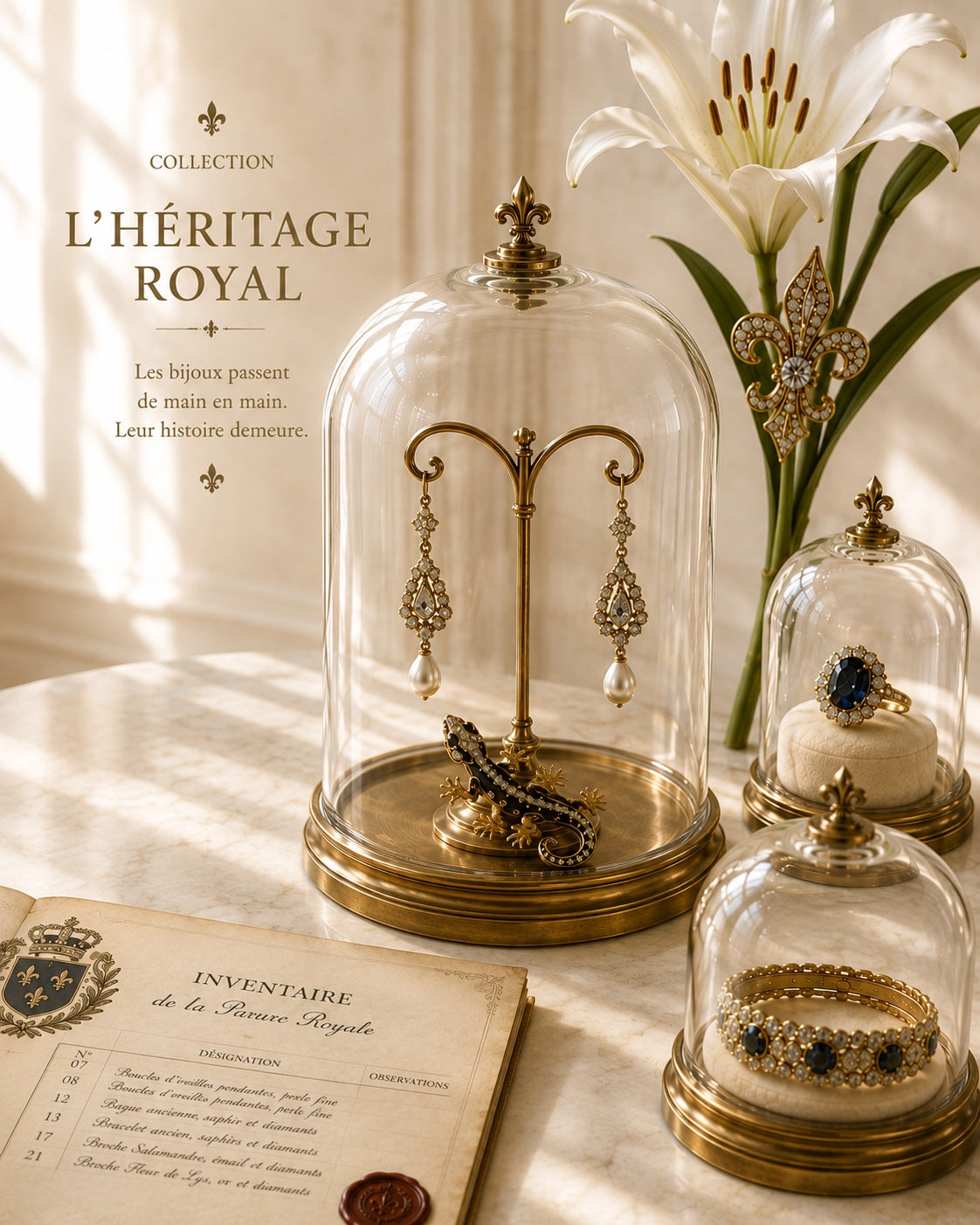 Bijoux anciens sous cloches de verre, lys et inventaire royal — collection L'Héritage Royal, Le Sceau d'Hippocampe.