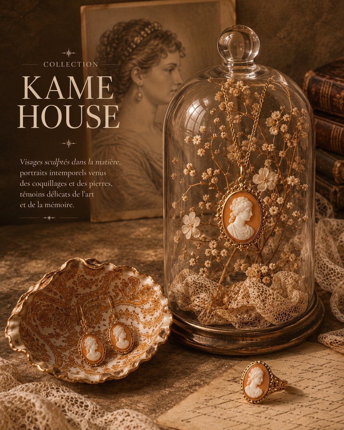 Collection Kame House — bijoux anciens en camée mis en scène sous un globe de mariée, avec collier, bague et boucles d’oreilles sur coquillage décoré.