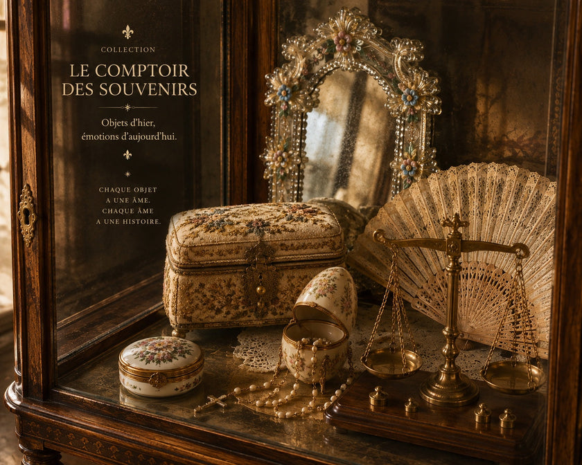 Vitrine ancienne réunissant boîte brodée, miroir vénitien fleuri, œuf avec chapelet, boîte à pilules, éventail et balance ancienne — collection Le Comptoir des Souvenirs.