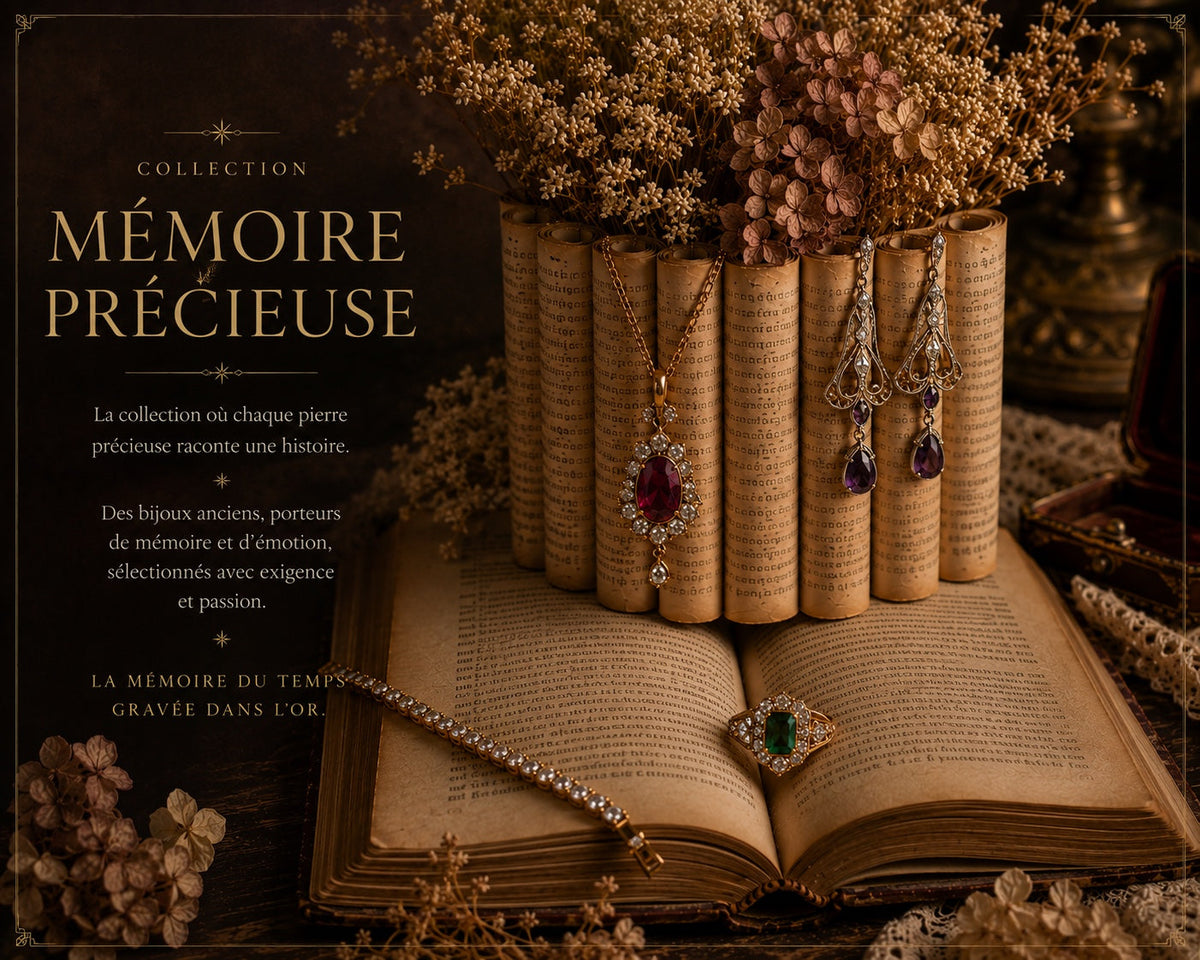 Collection Mémoire Précieuse — bijoux anciens sertis de rubis, émeraudes, diamants et pierres précieuses mis en scène sur un livre ancien.