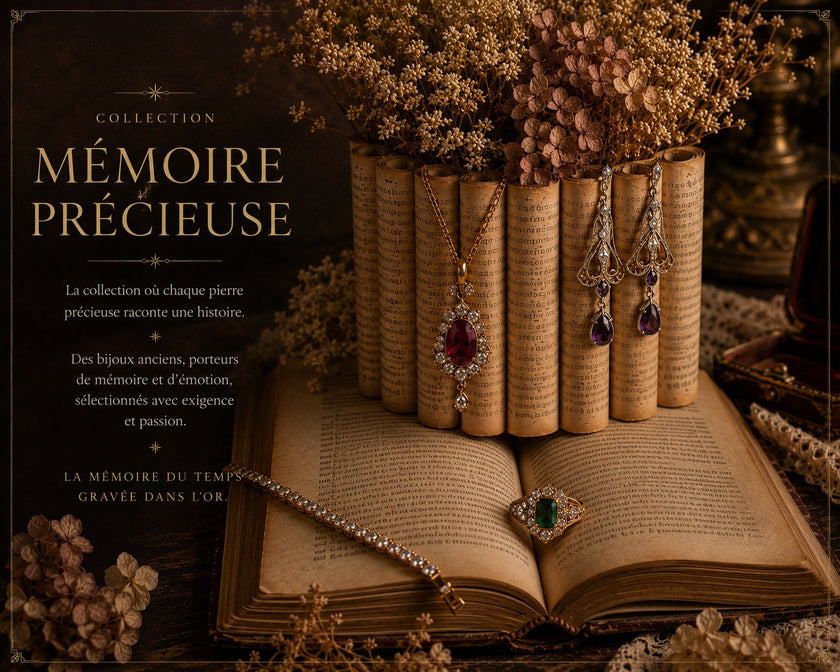 Collection Mémoire Précieuse — bijoux anciens sertis de rubis, émeraudes, diamants et pierres précieuses mis en scène sur un livre ancien.