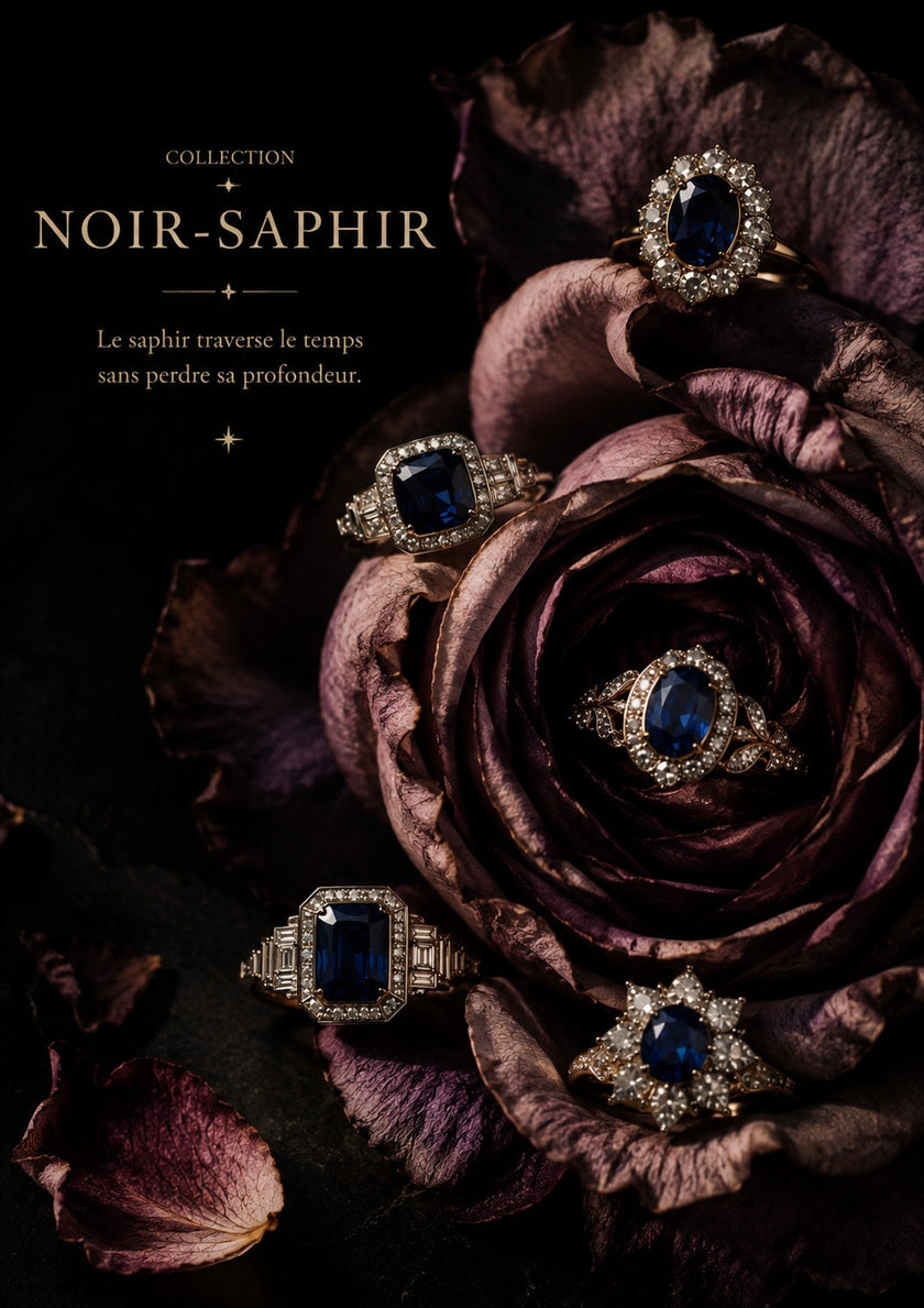 Bagues anciennes en saphir de différentes époques mises en scène sur des roses sombres — collection Noir-Saphir, Le Sceau d’Hippocampe.
