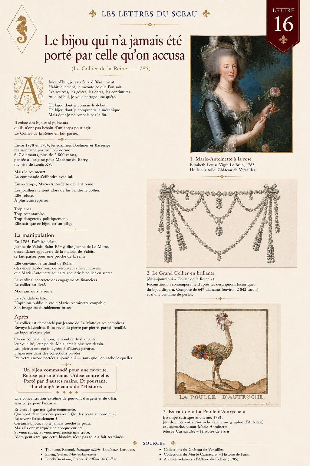 Lettre du Sceau consacrée à l'affaire du Collier de la Reine et à Marie-Antoinette, illustrée par des sources historiques.