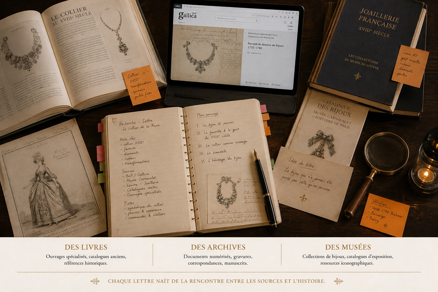 Livres, archives numériques et ressources muséales réunis pour documenter les recherches des Lettres du Sceau.